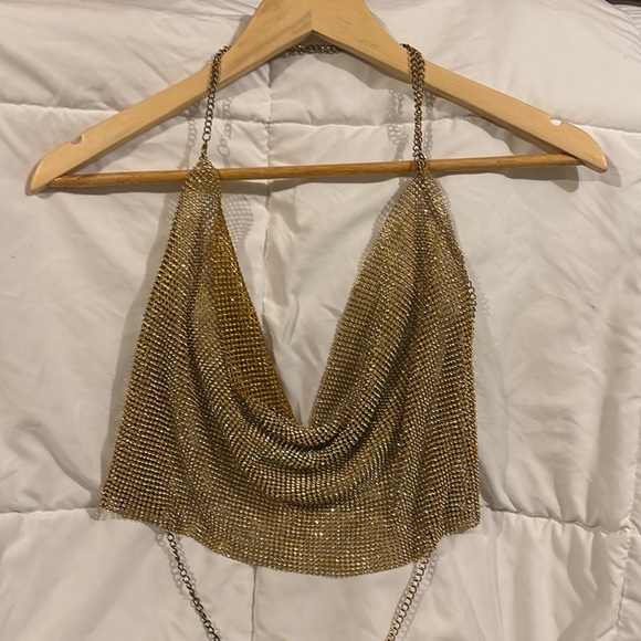 Tops - Vintage rhinestone chain mail halter top